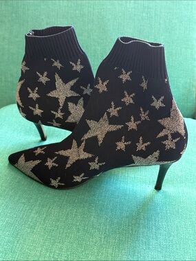 Navy Star Knit Sock Booties with Metallic Stars